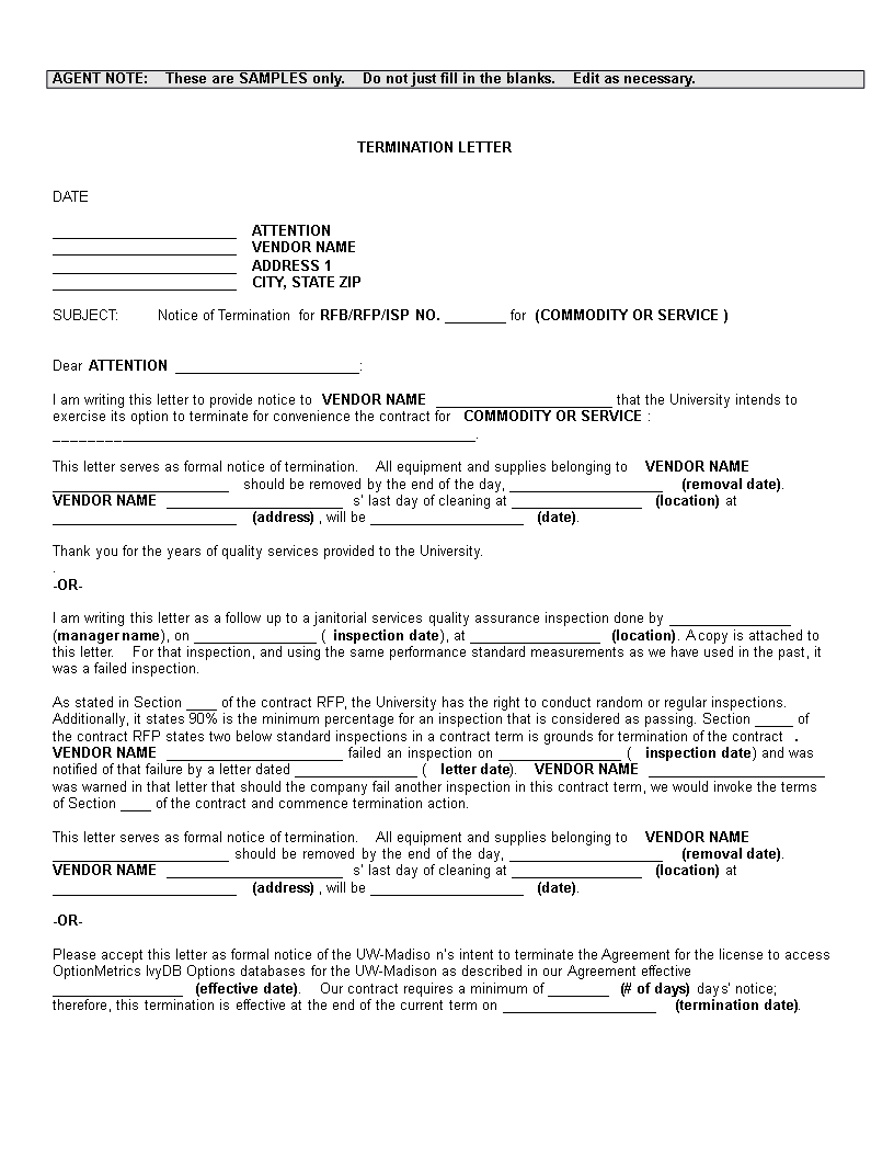 notice of vendor termination letter modèles