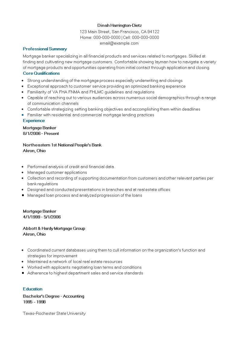 mortgage banking executive resume template