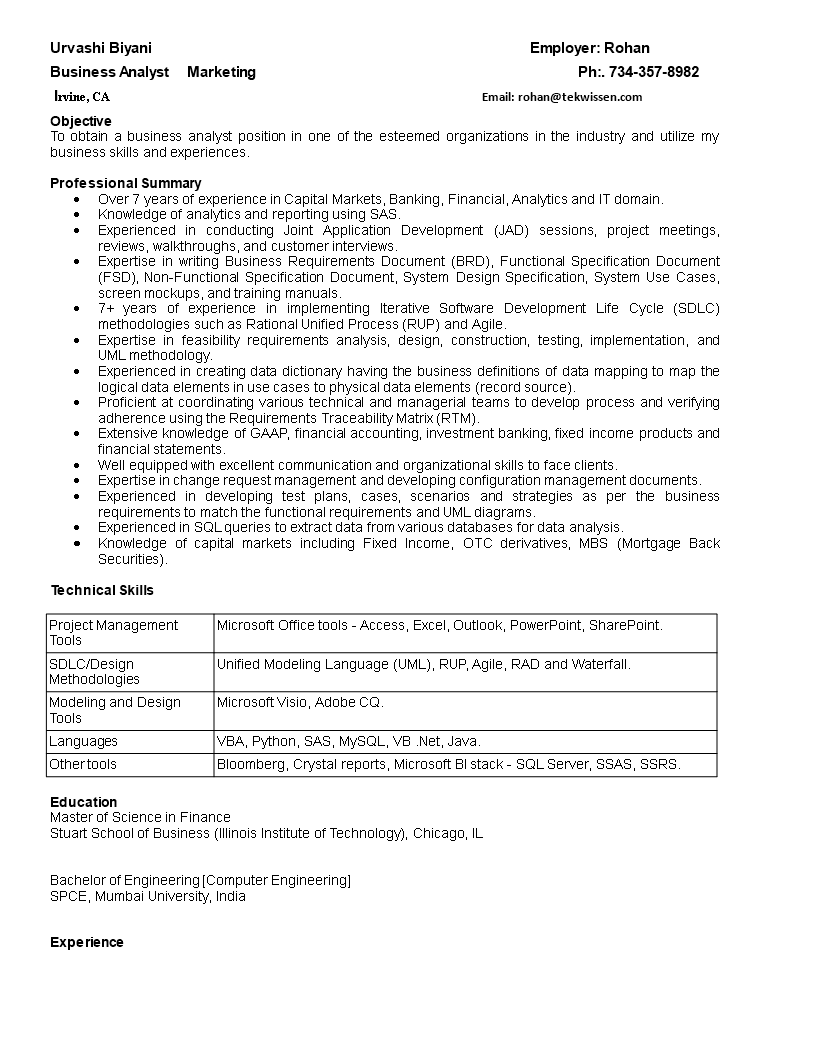 business analyst marketing resume modèles