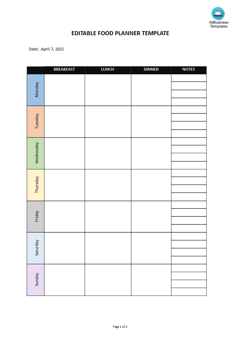 editable food planner modèles