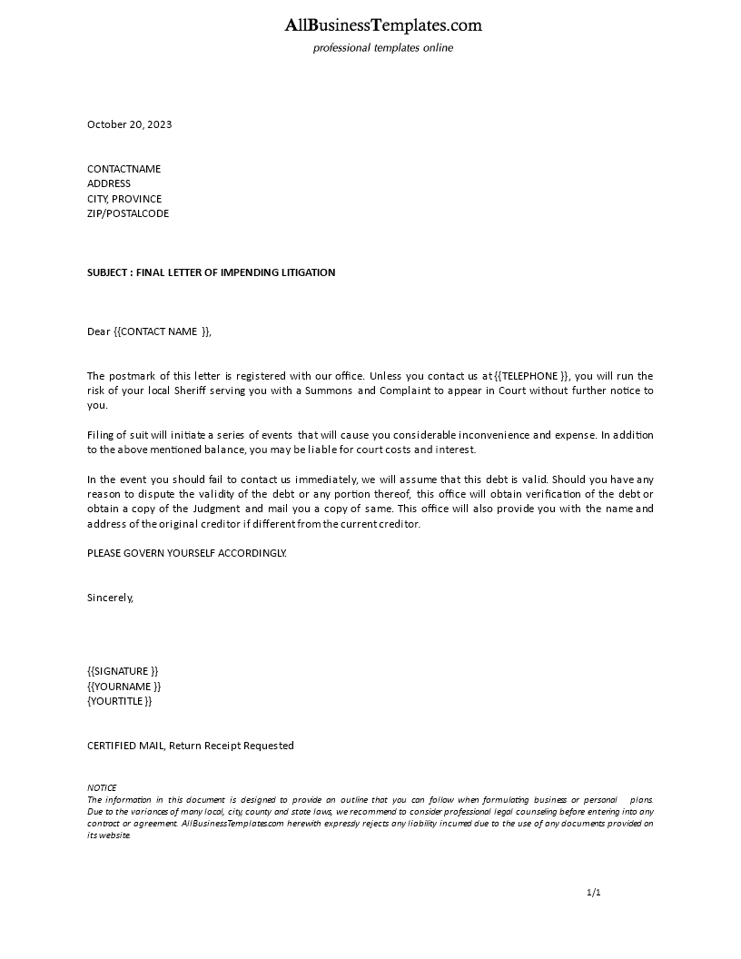 formal letter final notice litigation plantilla imagen principal