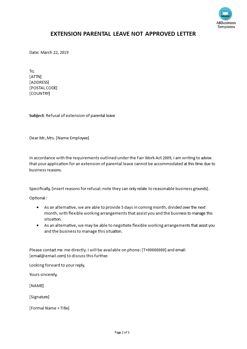 extension parental leave not approved letter template