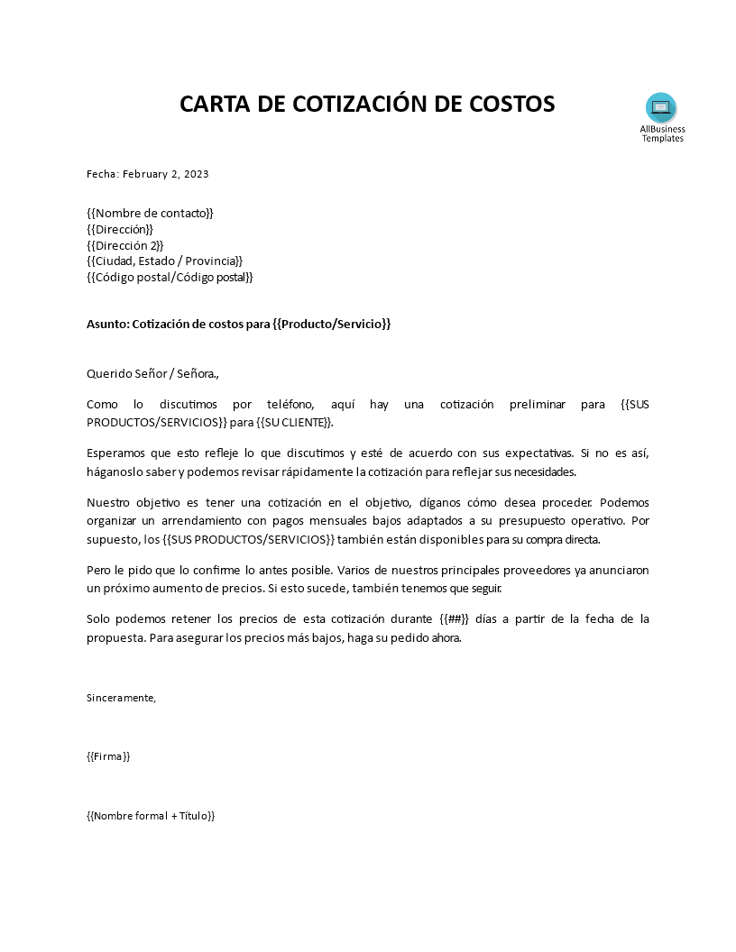 carta de cotización plantilla imagen principal