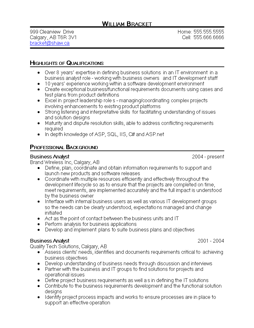 resume for a business analyst Hauptschablonenbild