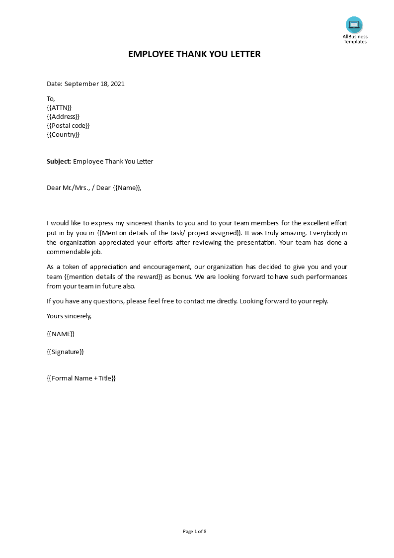 employee thank you letter template