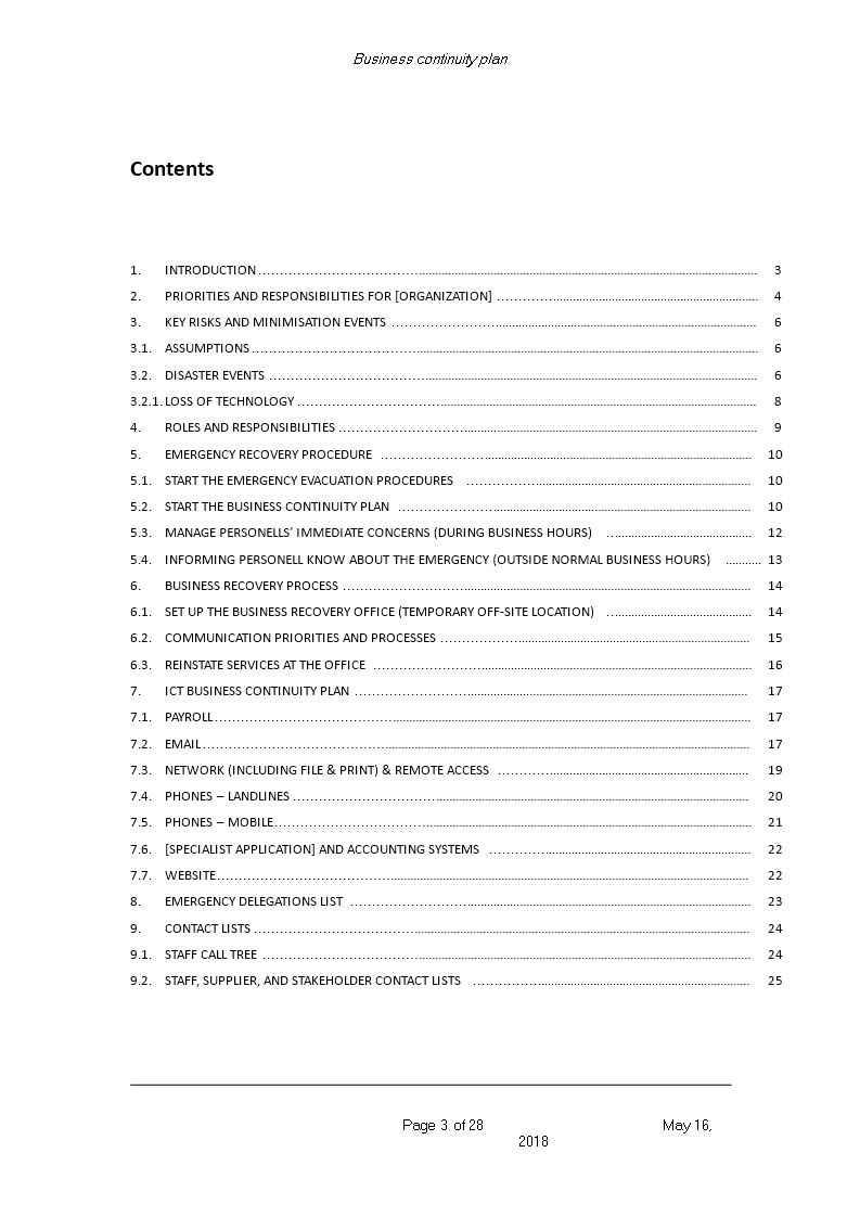 business continuity plan sample template