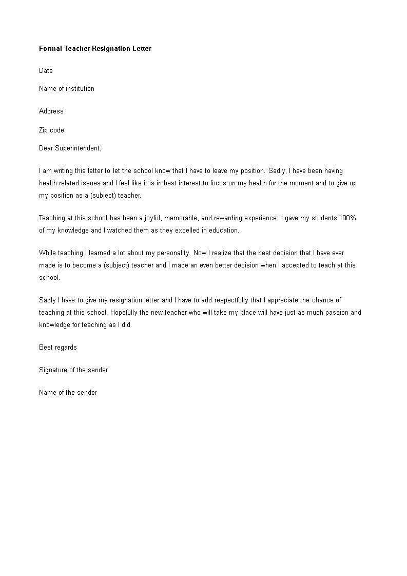 formal teacher resignation letter modèles