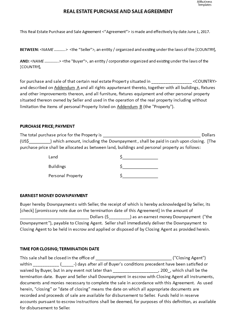 real estate purchase and sale contract example template