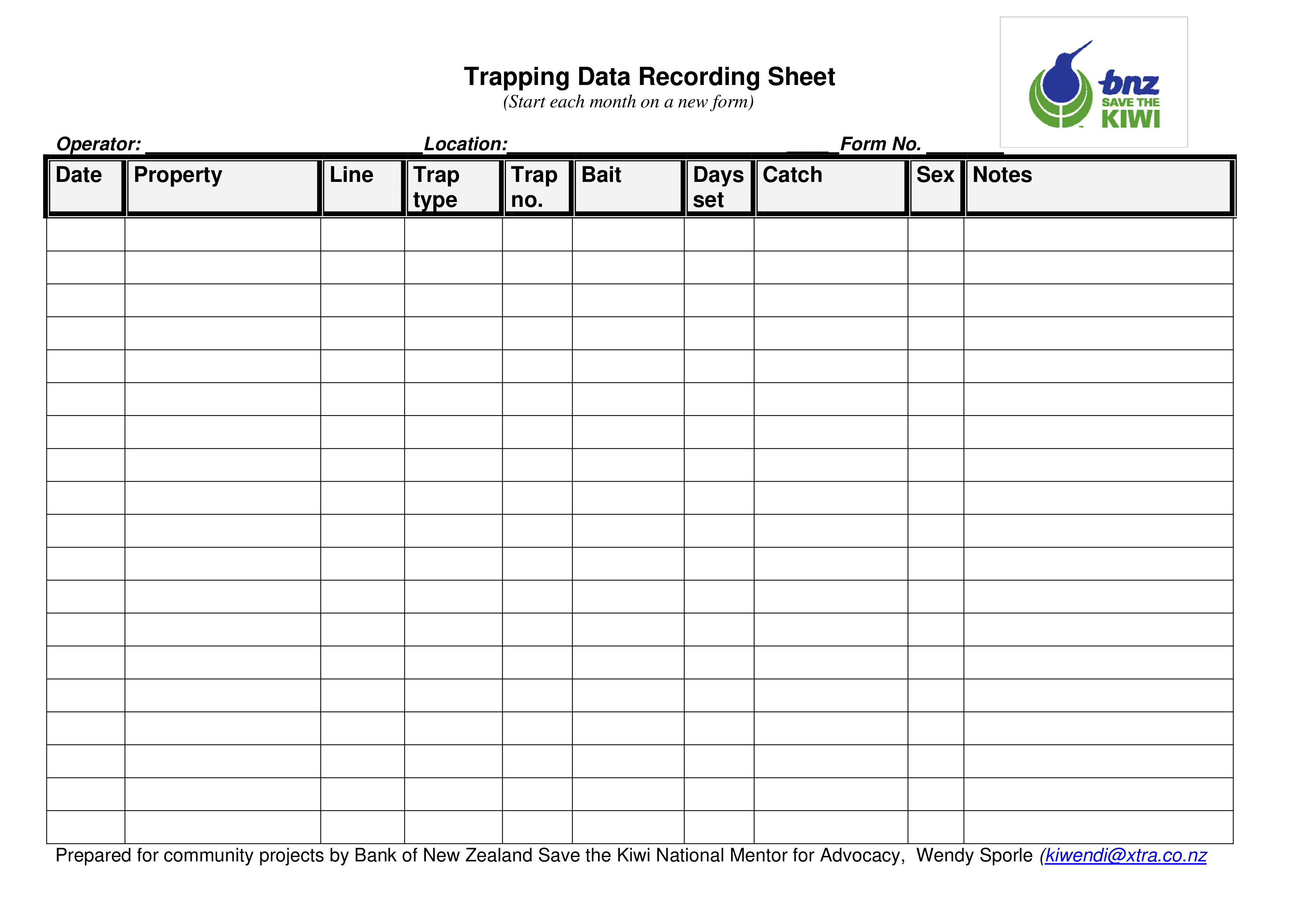 Trapping Data Recording Sheet Templates at