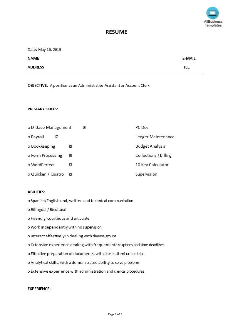 Administrative Assistant Skills Resume 模板