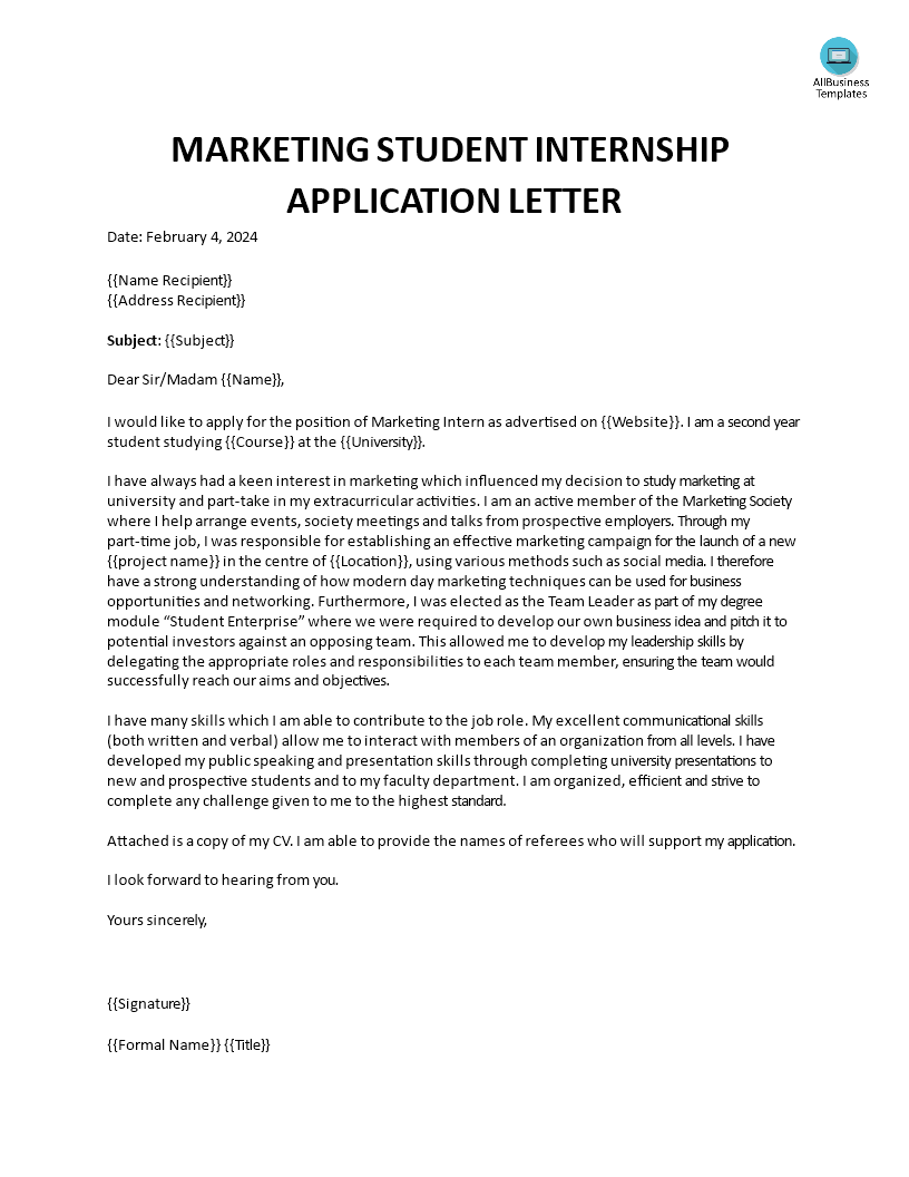 marketing student internship application letter template