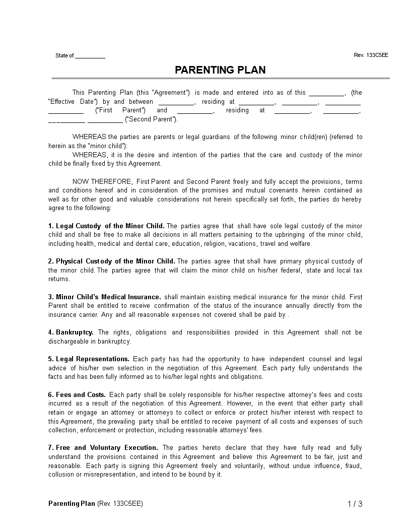 parenting plan template modèles