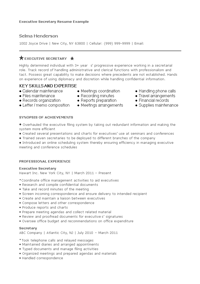 professional executive secretary resume Hauptschablonenbild