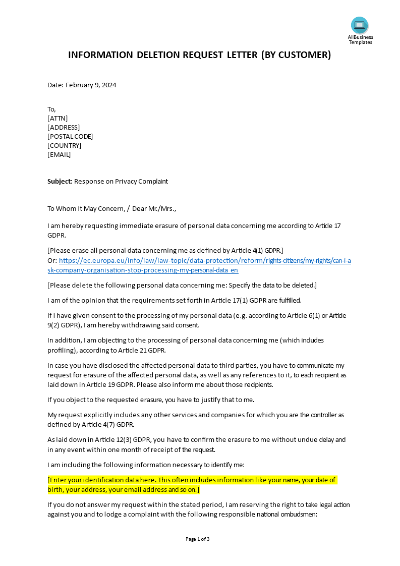 customer data deletion request template