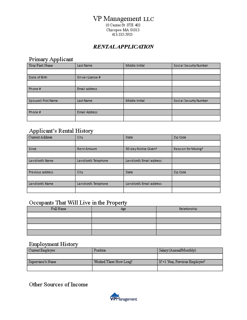 landlord rental application form template