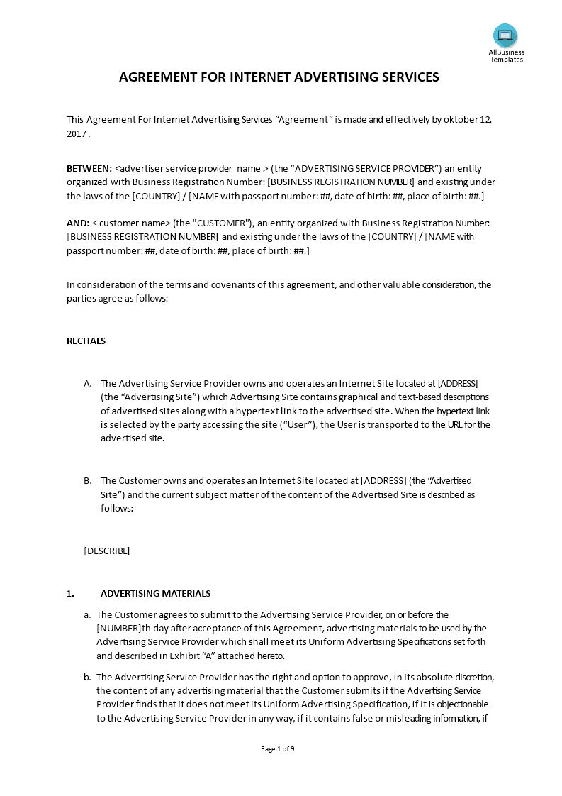 Agreement For Internet Advertising Services Template | HQ ...
