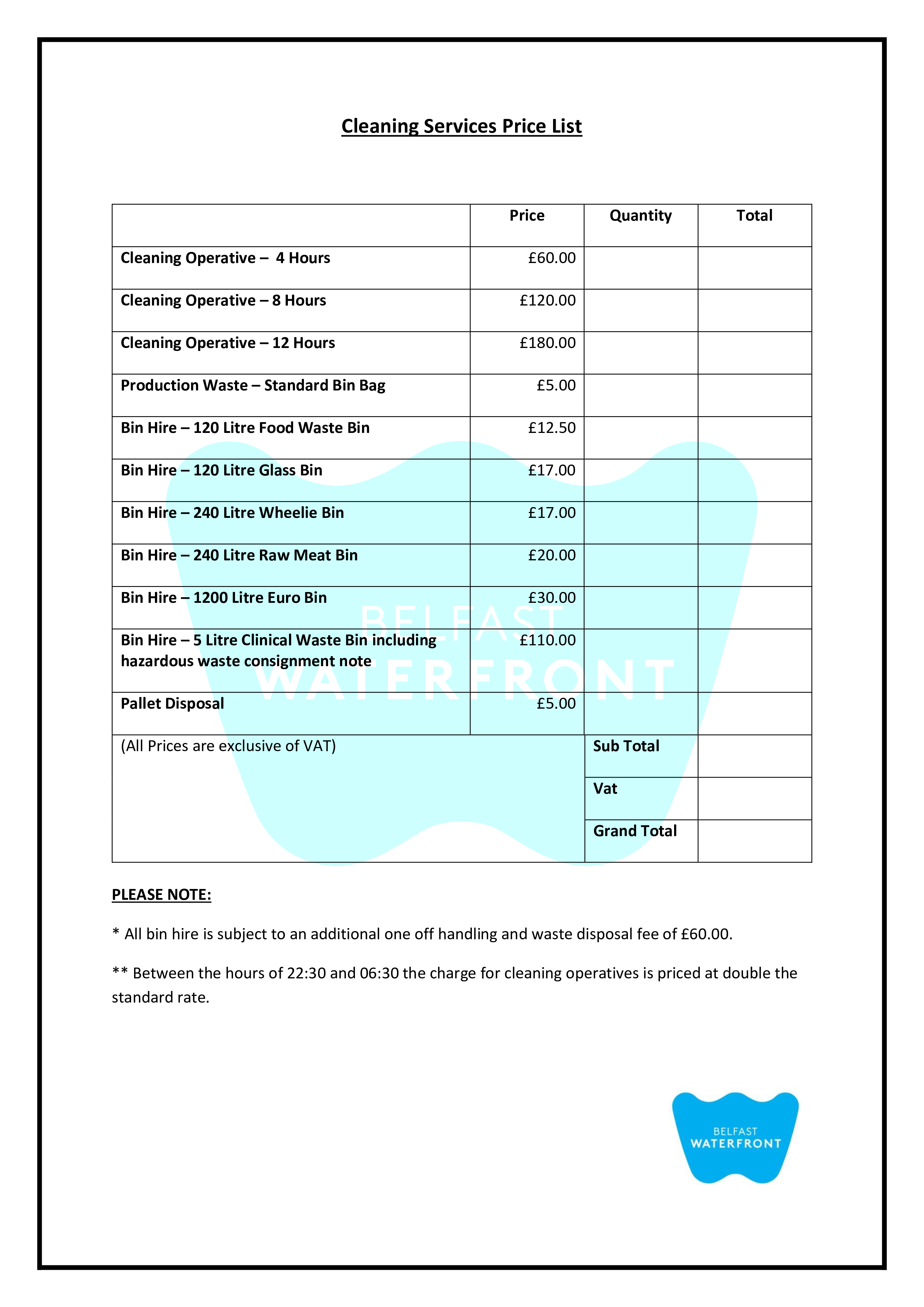 cleaning service price list template