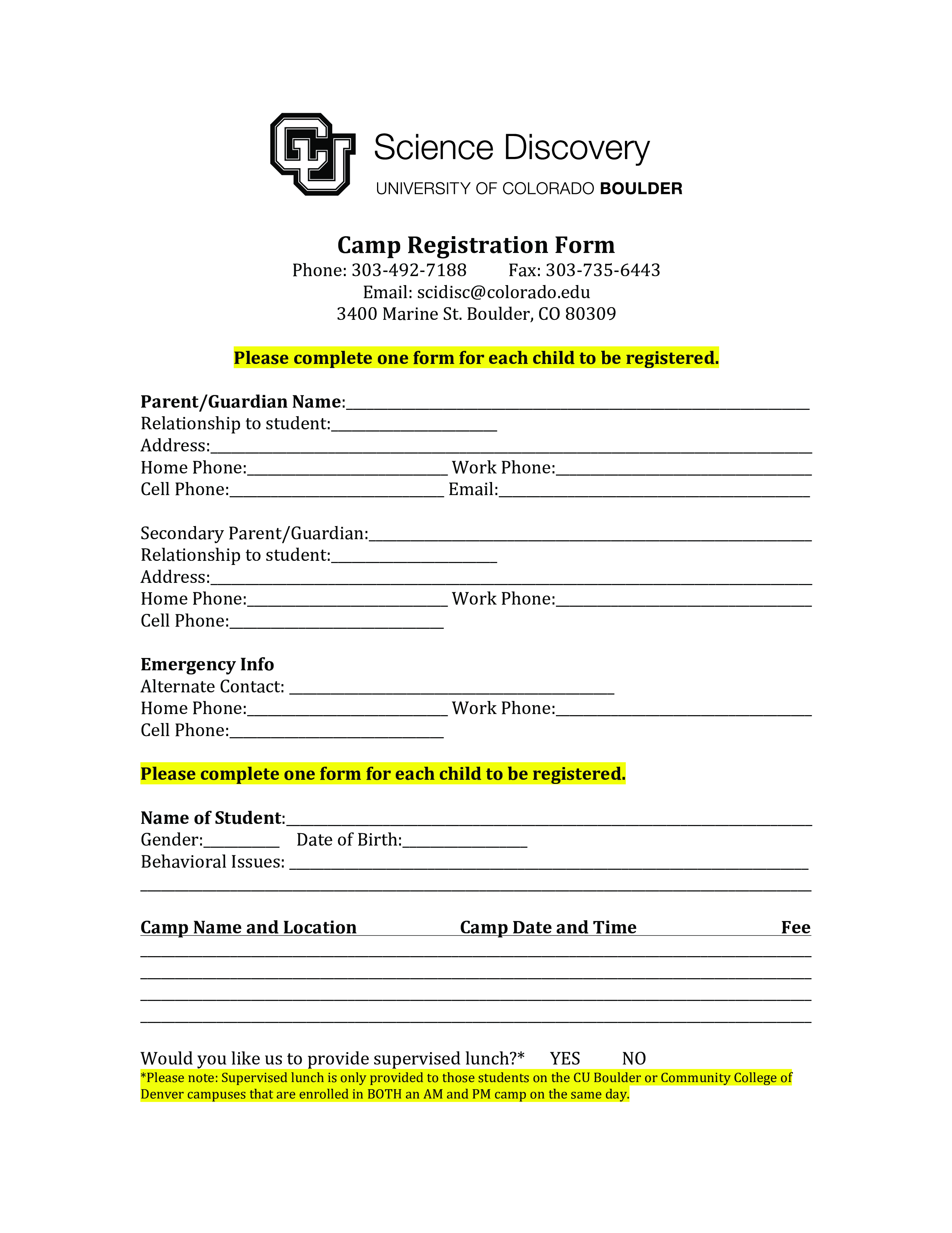 Printable Camp Registration Form 模板