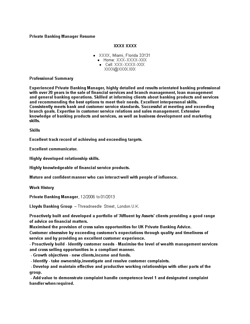 Private Banking Manager Resume 模板