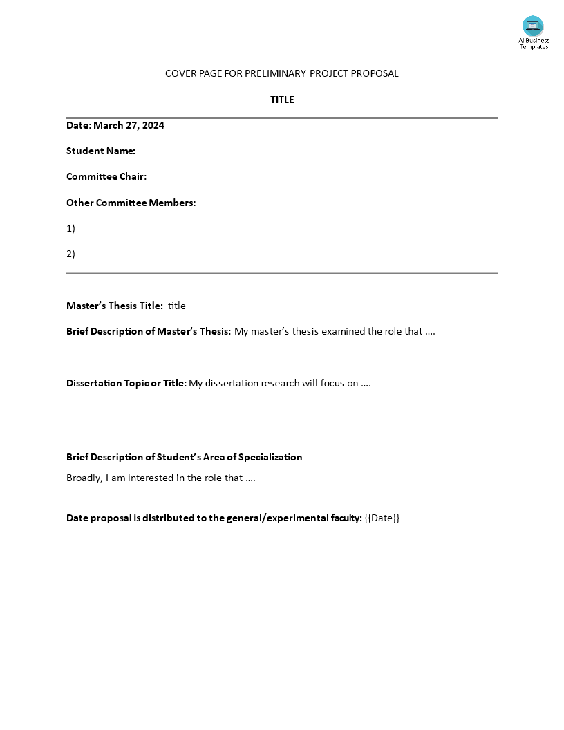 cover page for preliminary project proposal template