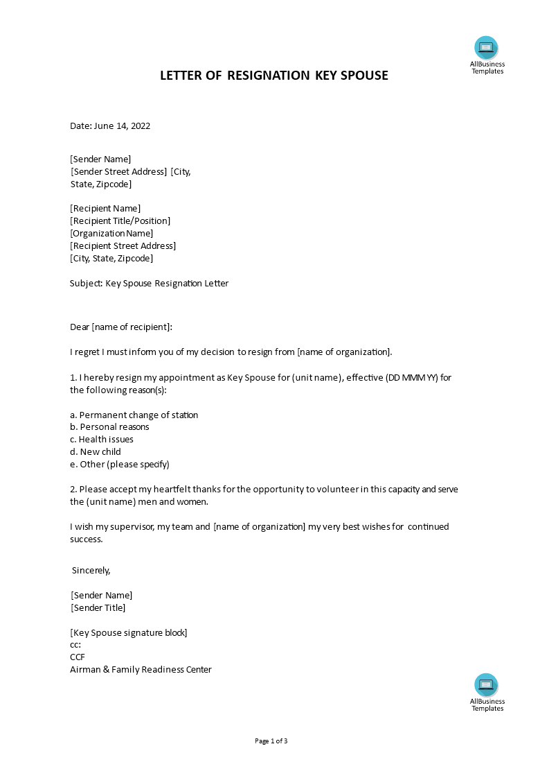 key spouse resignation letter template