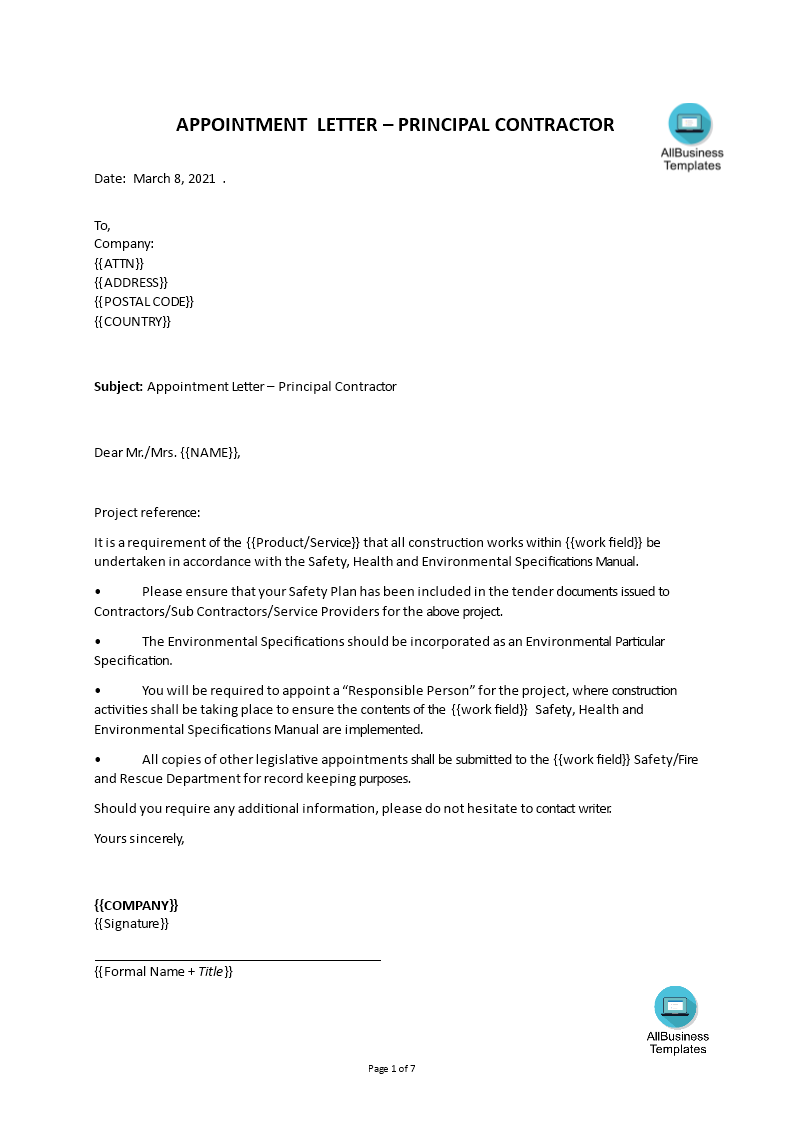 principal contractor appointment letter sample template