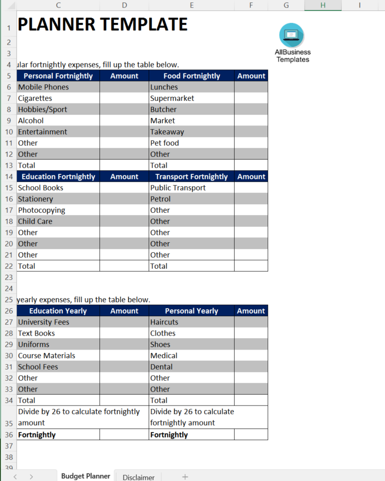 Budget Planner Spreadsheet 模板