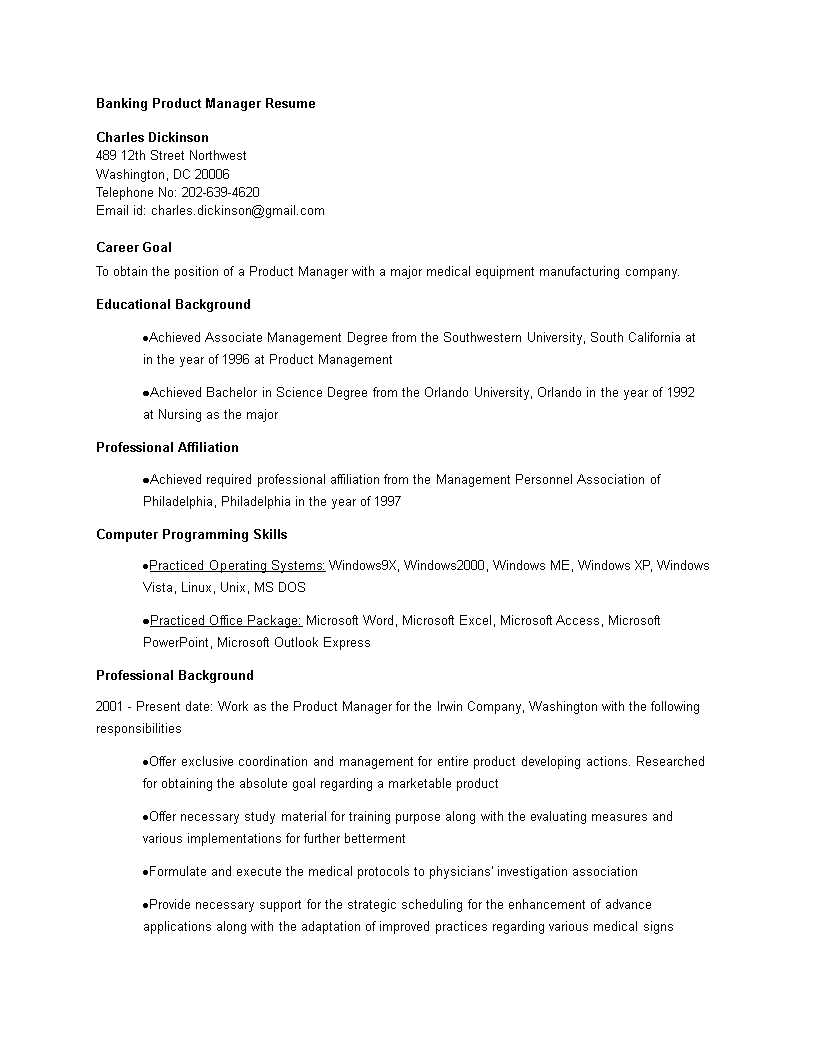 banking product manager resume modèles