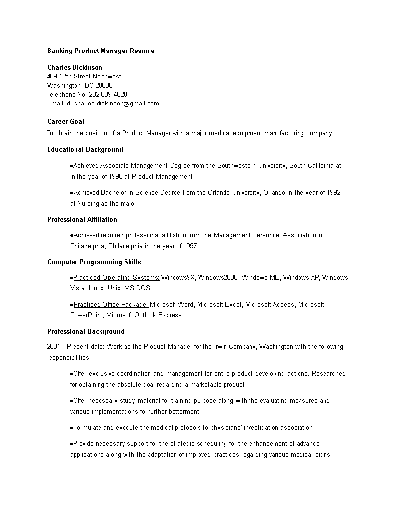 banking product manager resume plantilla imagen principal