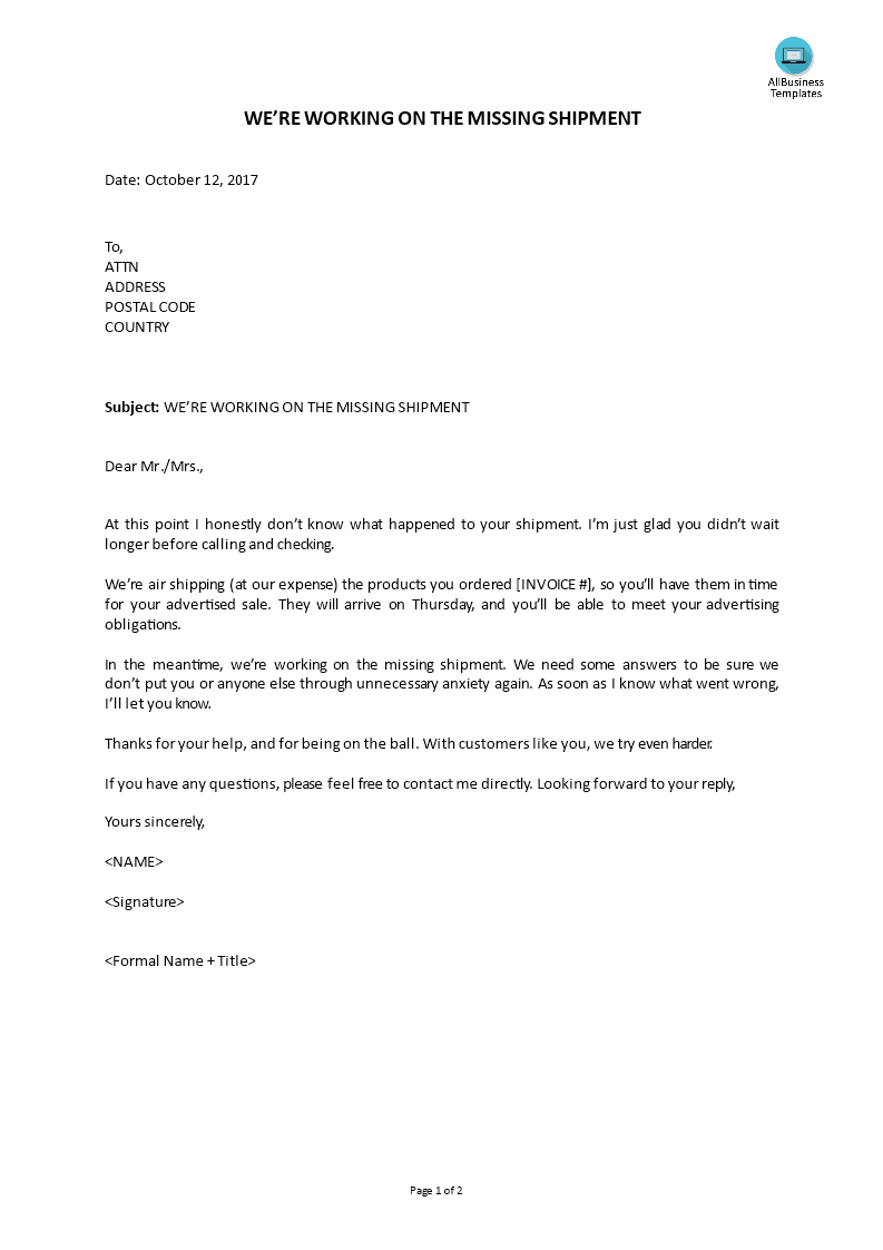 complaint reply - we're working on the missing shipment voorbeeld afbeelding 