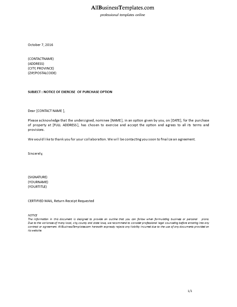 formal notice of exercise of purchase option Hauptschablonenbild