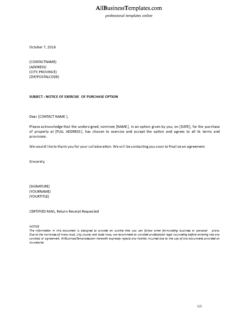 formal notice of exercise of purchase option voorbeeld afbeelding 