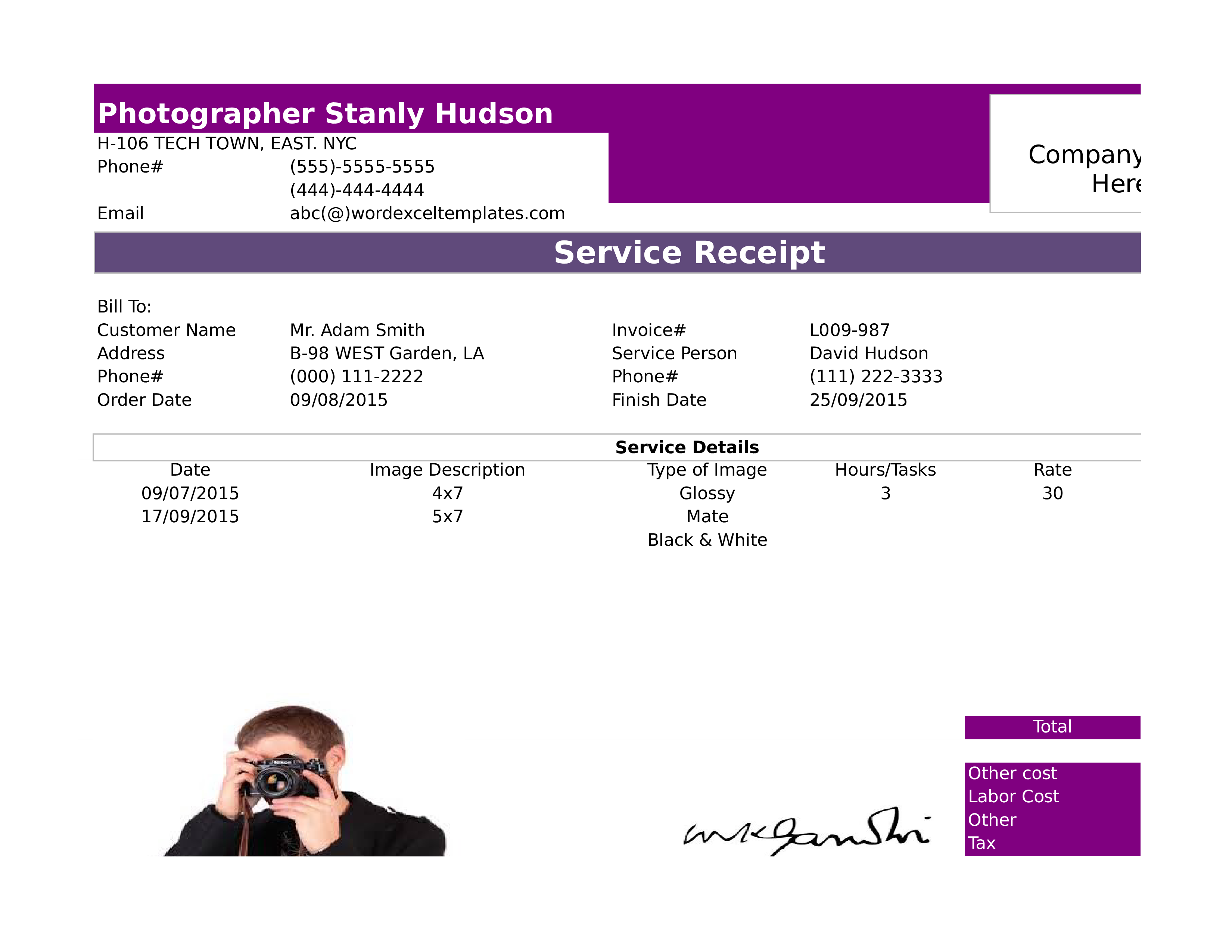 photographer service receipt bill sample template