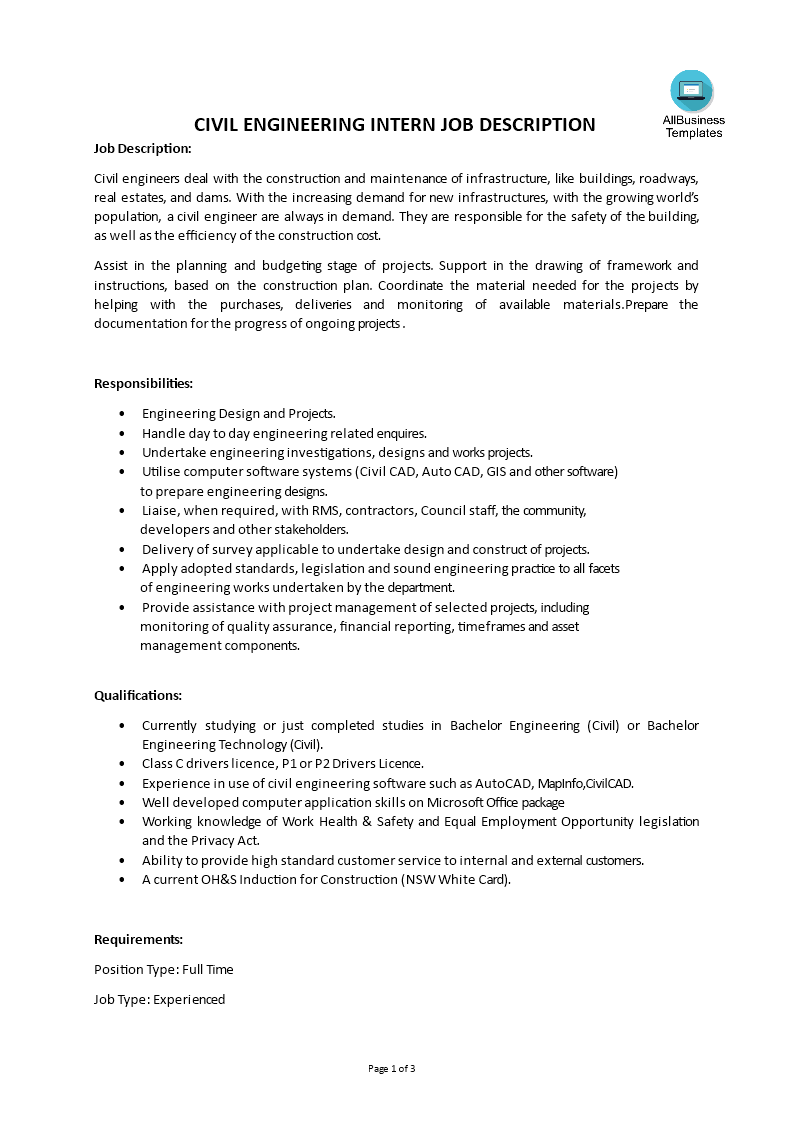 civil engineering intern job description voorbeeld afbeelding 