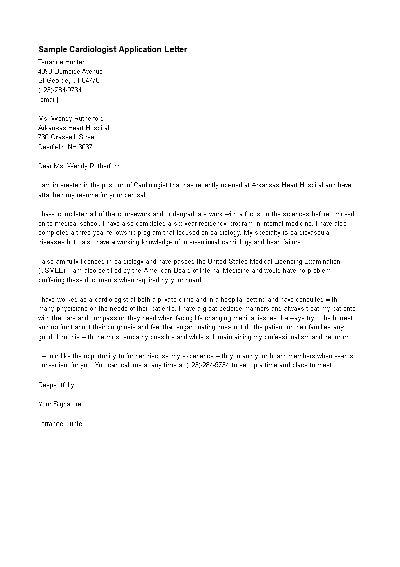 sample cardiologist job application letter modèles