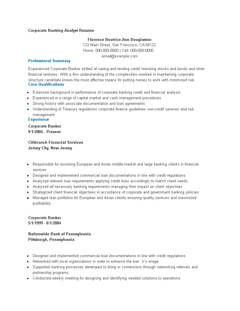 resume of a corporate banking analyst template