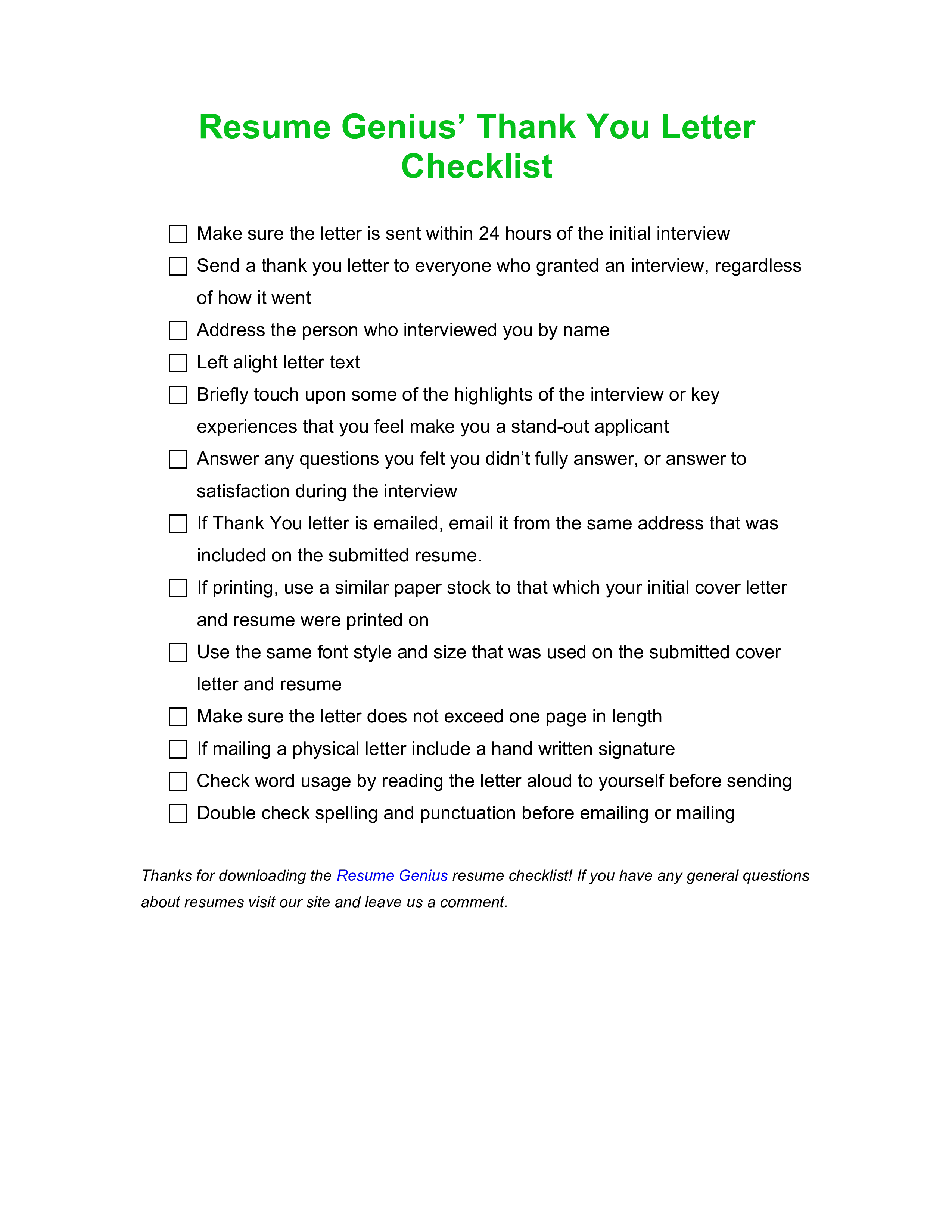 Job Interview Thank You Letter Checklist 模板