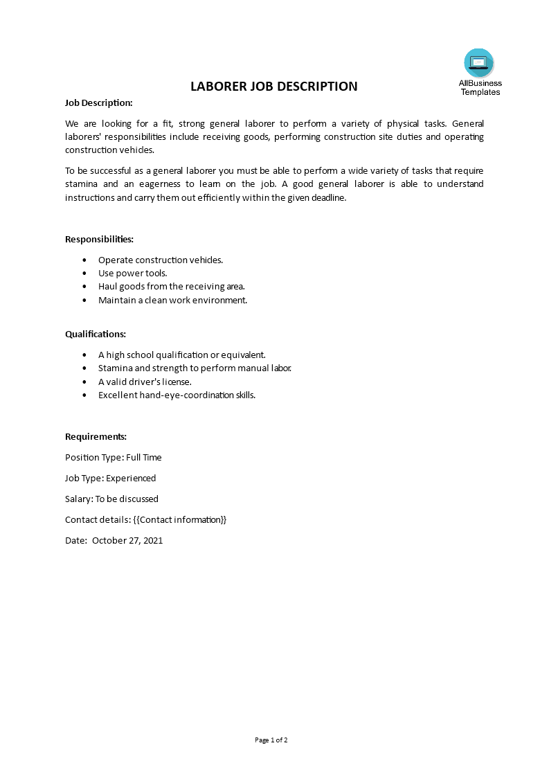 laborer job description template