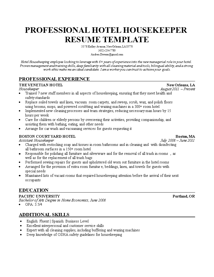 housekeeper resume template