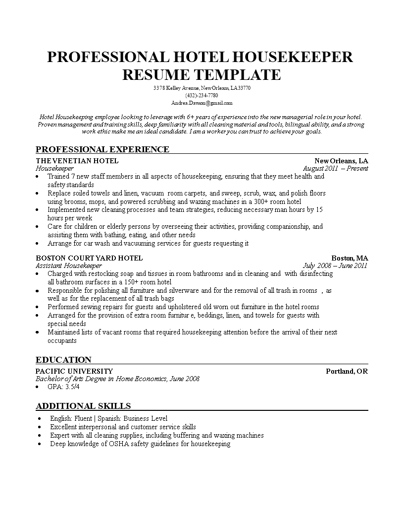 resume for housekeeper in hotel