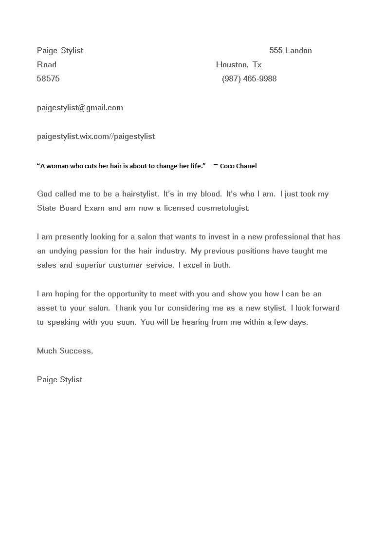 new hair stylist cover letter template