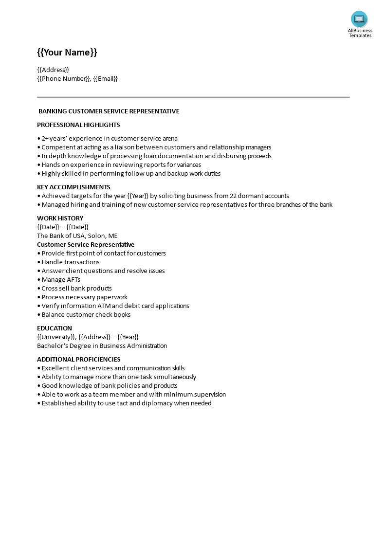 Banking Customer Service Representative Resume example main image