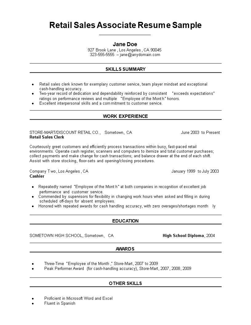 sample resume for entry level retail sales associate