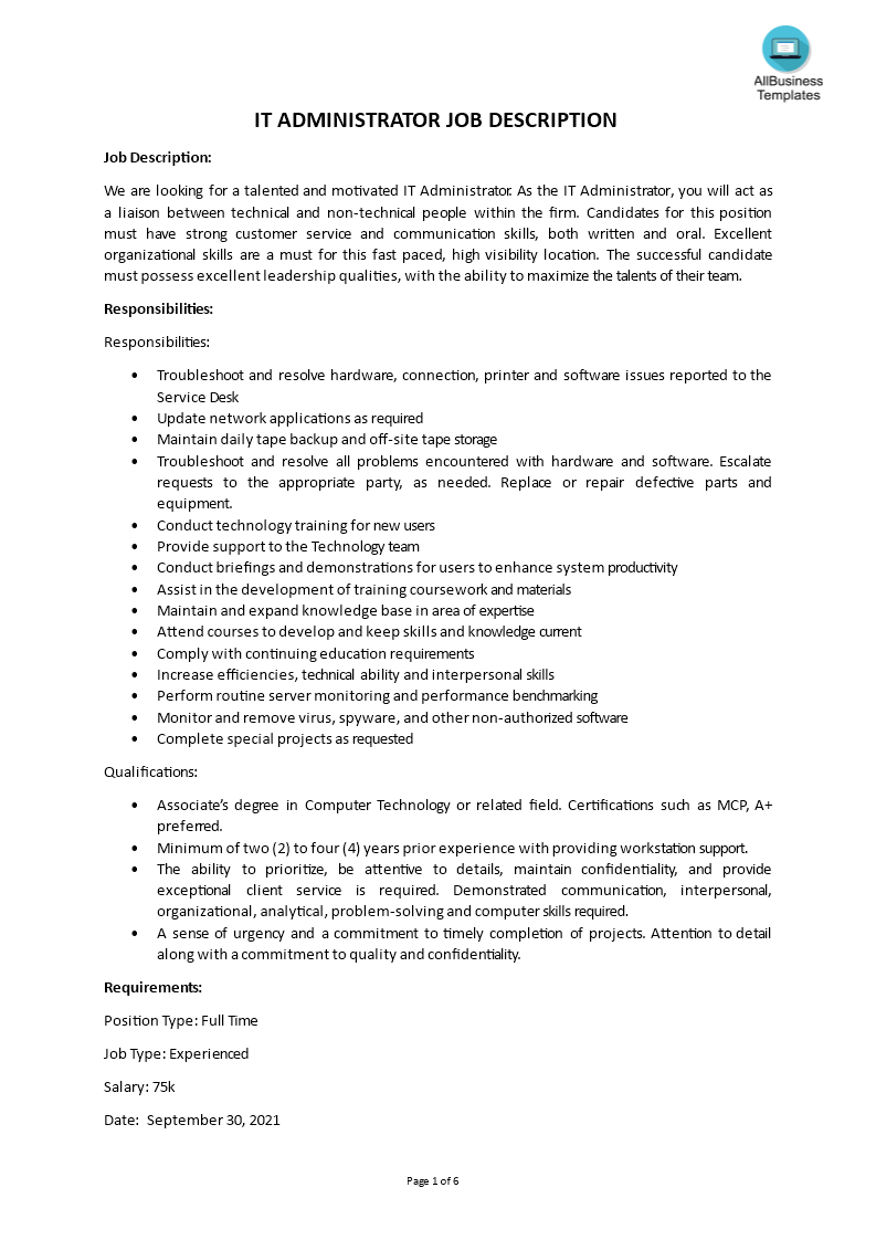 IT Administrator Job Description main image