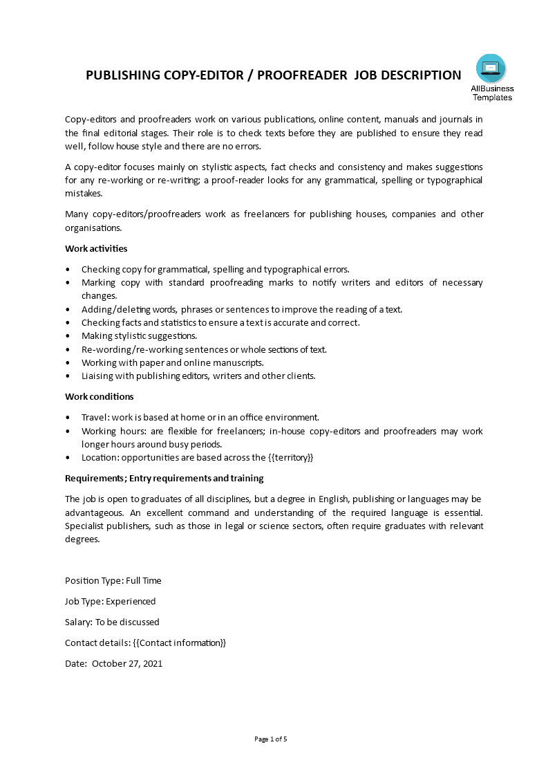 copywriter job description template