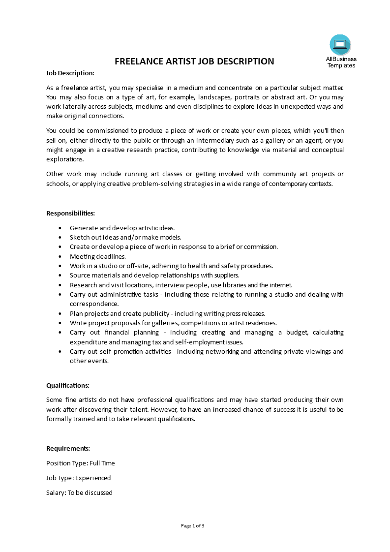 freelance artist job description template