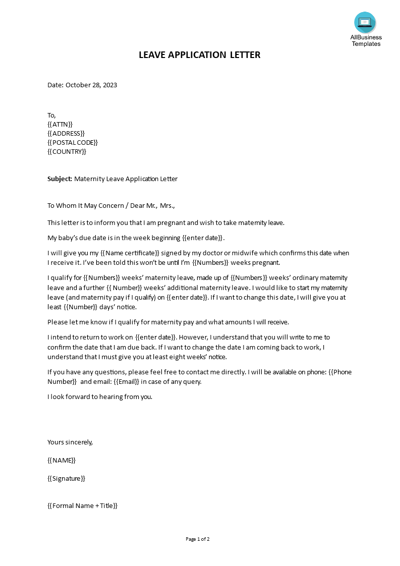 maternity leave application letter for teachers before delivery