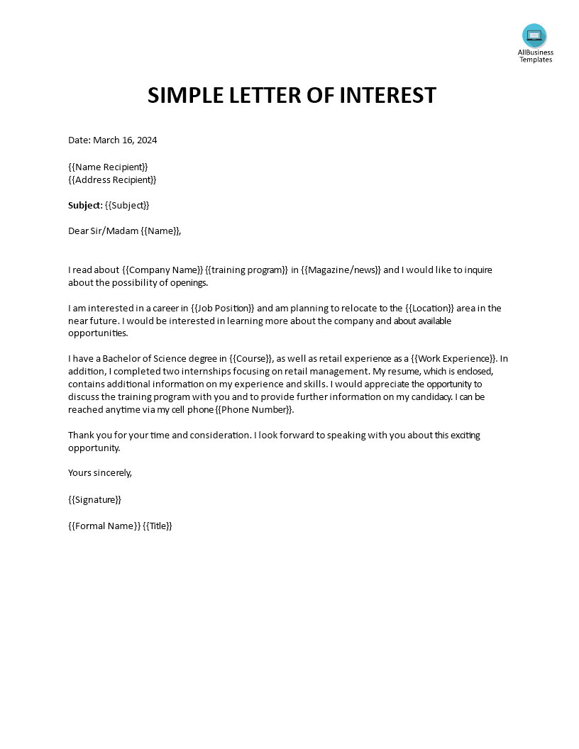 Kostenloses Simple Letter Of Interest Sample