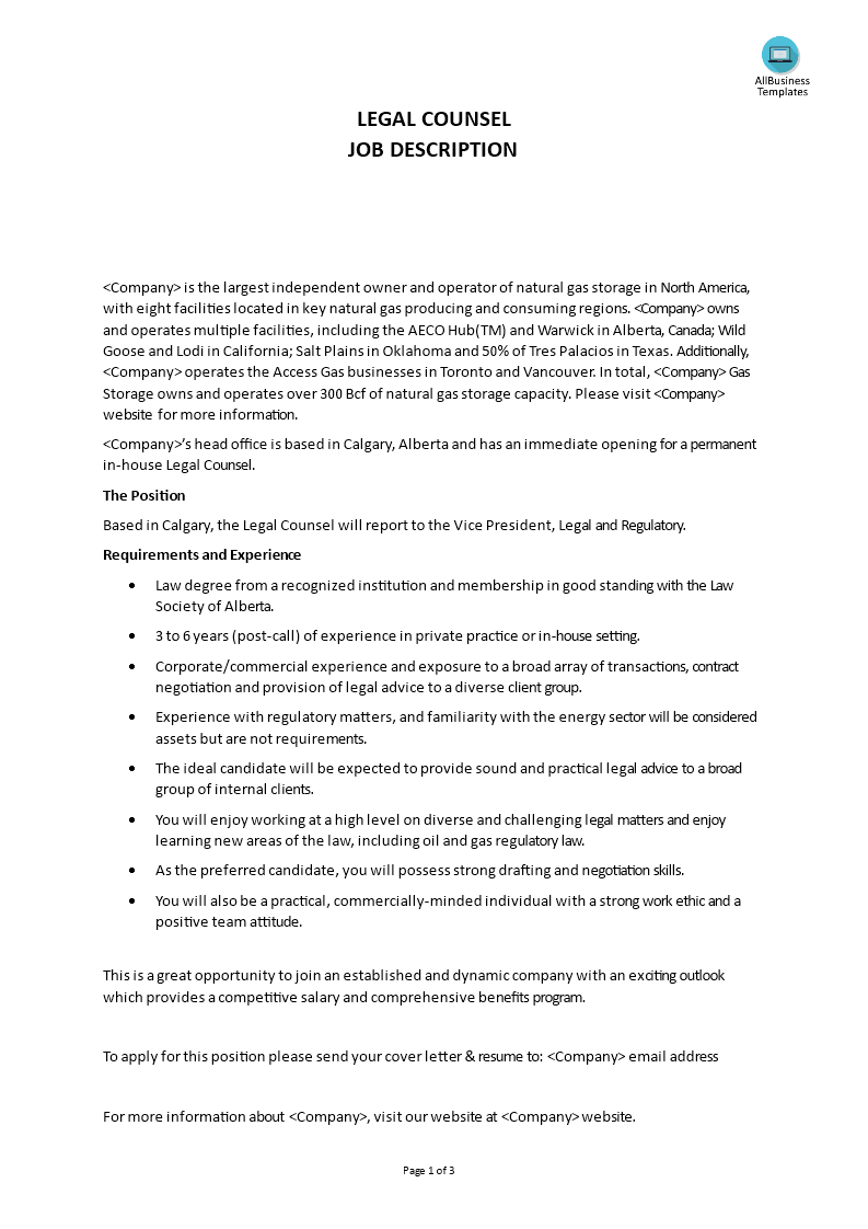 legal counsel job description template