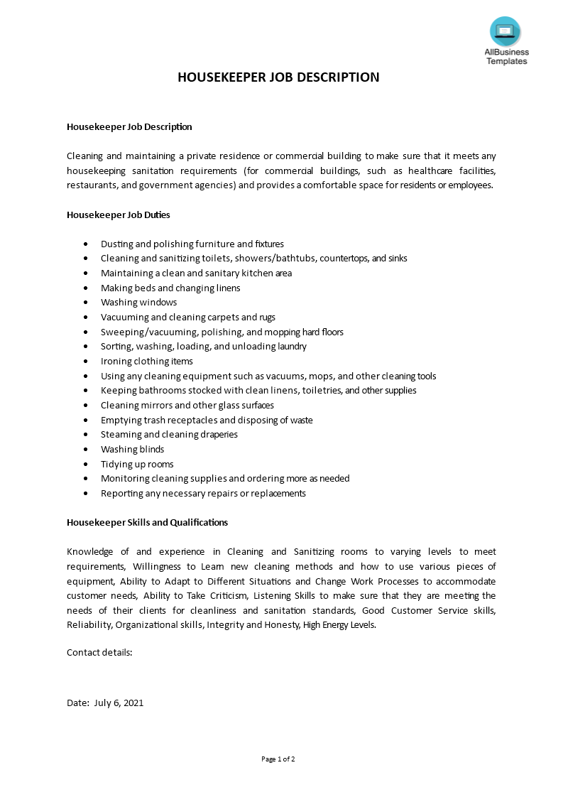 housekeeper job description plantilla imagen principal